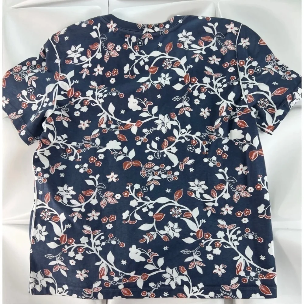 Tory Burch Womens Sz S Blue Floral Print Embroidered Logo Tee T-Shirt Top Blouse